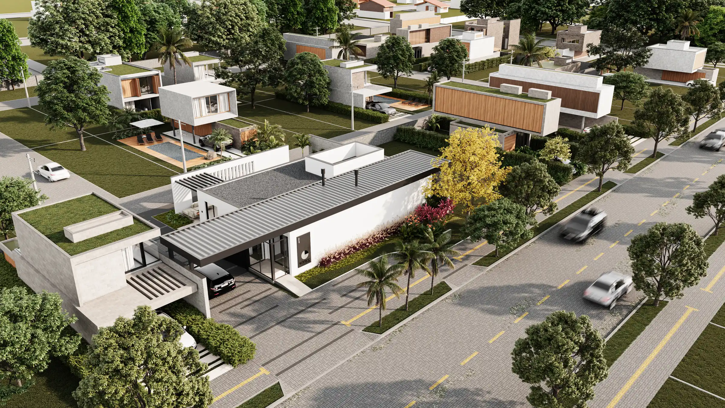 Vista aérea do acesso ao condomínio