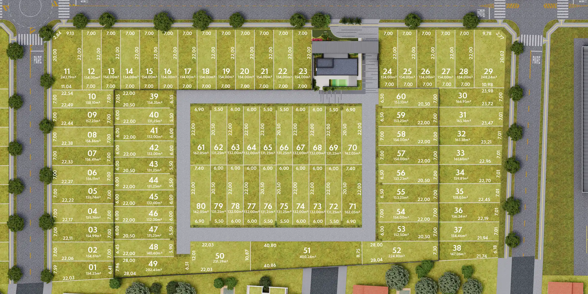 Planta de implantação do condomínio Vértice com legendas e metragens